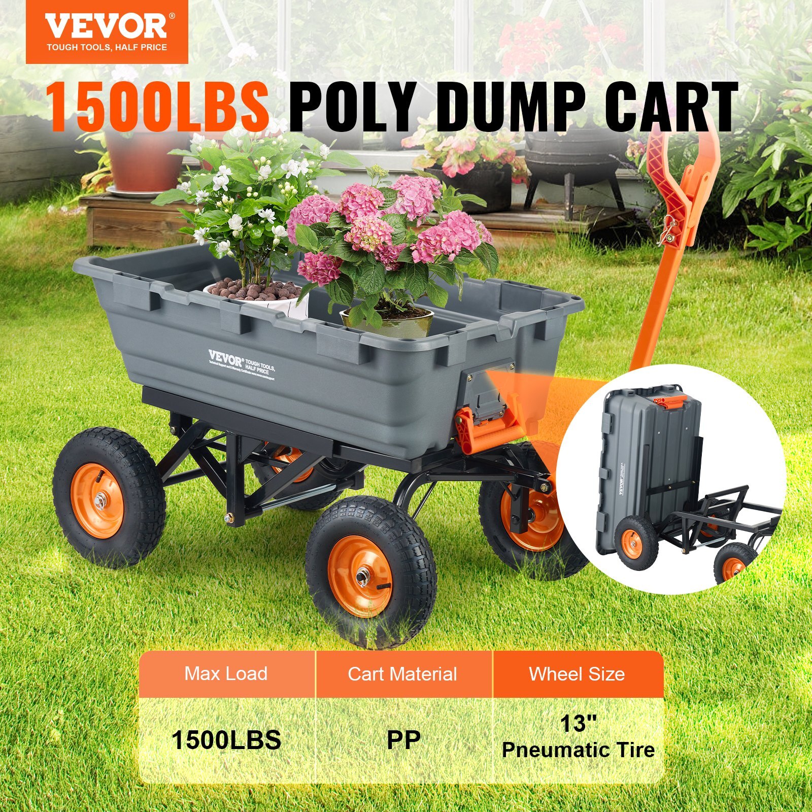 Garden Cart, Durable Poly Dump Cart with Simple Assembly Steel Structure, Versatile Dump Wagon with Dual-Function Handle, Handy Wheelbarrow with 1500 lbs Load Capacity, 13 inch Wheels - Image 2