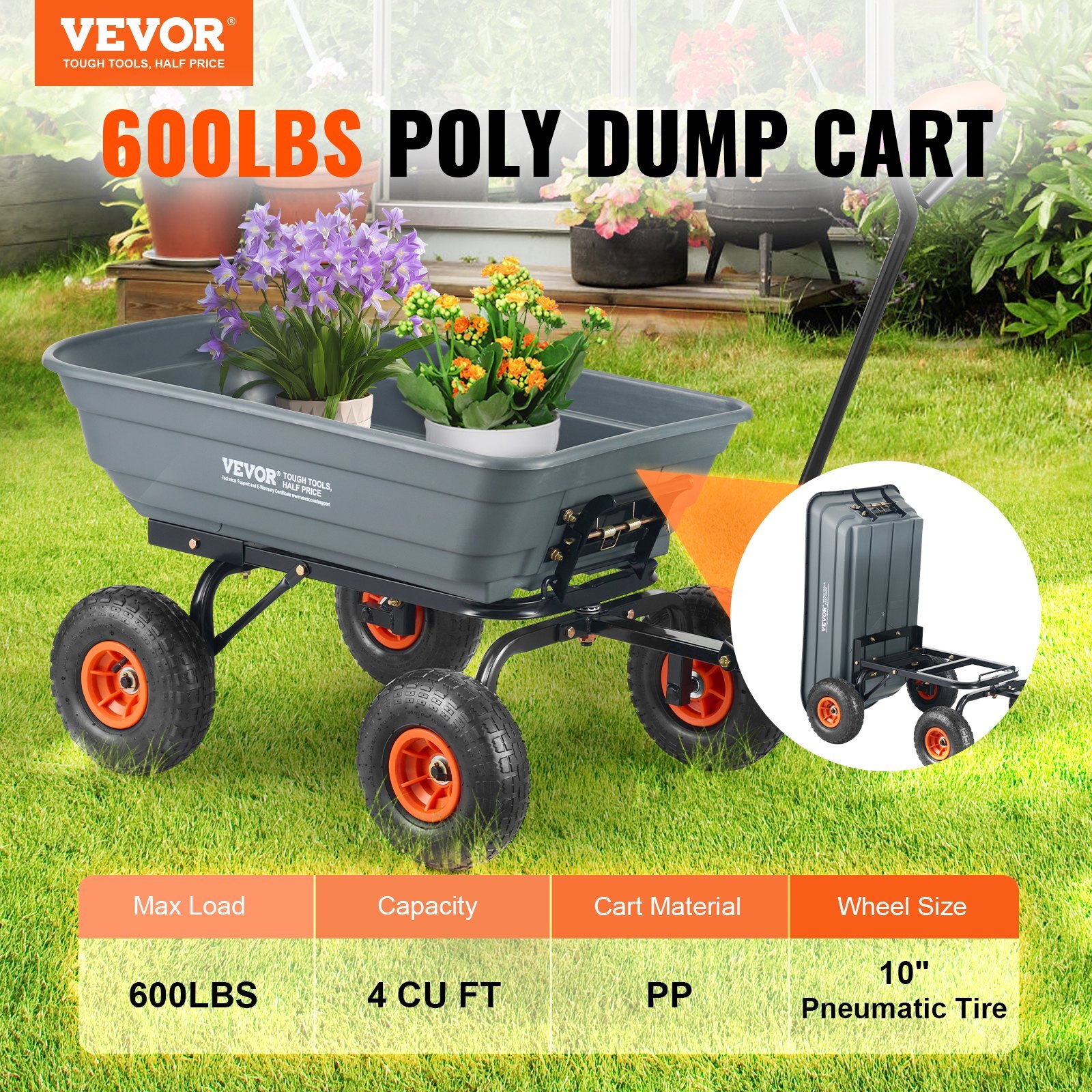 Garden Cart, Durable Poly Dump Cart with Simple Assembly Steel Framework, Versatile Dump Cart with Dual-Function Handle, Handy Wheelbarrow with 600 lbs Load Capacity, 10 inch Wheels - Image 2