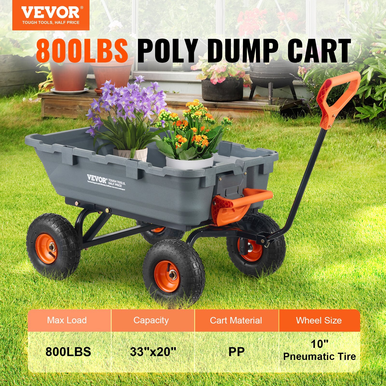 Garden Cart, Durable Poly Dump Cart with Simple Assembly Steel Structure, Versatile Dump Wagon with Dual-Function Handle, Handy Wheelbarrow with 800 lbs Load Capacity, 10 inch Wheels - Image 2