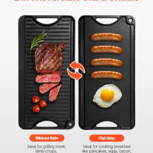 Reversible Grill/Griddle, 20×10 inch Pre-Seasoned Cast Iron Griddle, Portable Rectangular Pan with Handle, Family Cookware for Indoor/Outdoor Stove Top Burner, Gas, Camping BBQ, Black