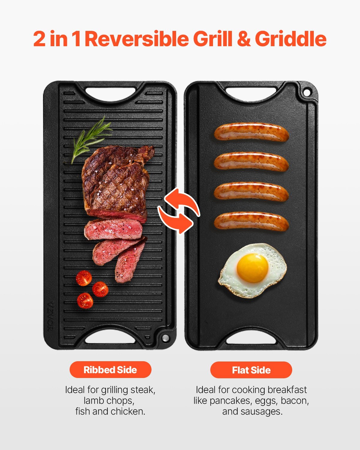 Reversible Grill/Griddle, 20x10 inch Pre-Seasoned Cast Iron Griddle, Portable Rectangular Pan with Handle, Family Cookware for Indoor/Outdoor Stove Top Burner, Gas, Camping BBQ, Black - Image 2