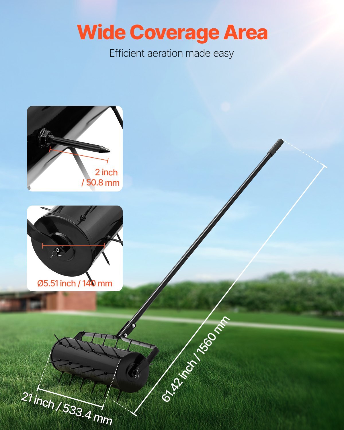 Rolling Lawn Aerator, 21-inch Heavy-Duty Manual Rolling Aerator Lawn with Detachable Handle and 33 Iron Spikes, Rolling Lawn Aeration Tool for Garden Patio Yard Compacted Soils and Lawns, Black - Image 2