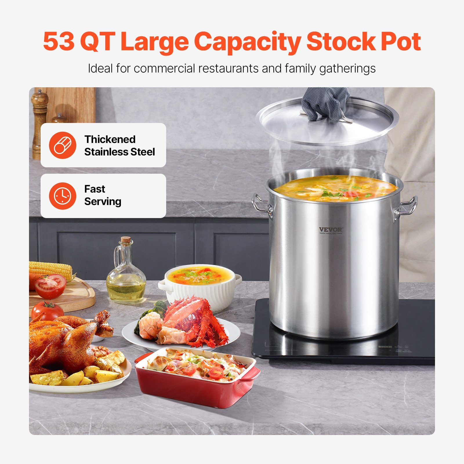 Stainless Steel Stockpot, 53 Quart Large Cooking Pots, Cookware Sauce Pot with Lid, and Handle, Heavy Duty Commercial Grade Stock Pot, Sanding Treatment, for Large Groups Events Silver - Image 2