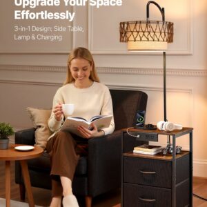 Floor Lamp with Table, 2-Tier End Table with 2 Drawers and 3 Color Temperature LED Bulb, Modern Side Nightstand Bedside Desk with USB & Type C & AC Charging Port for Living Room, Bedroom, Dorm
