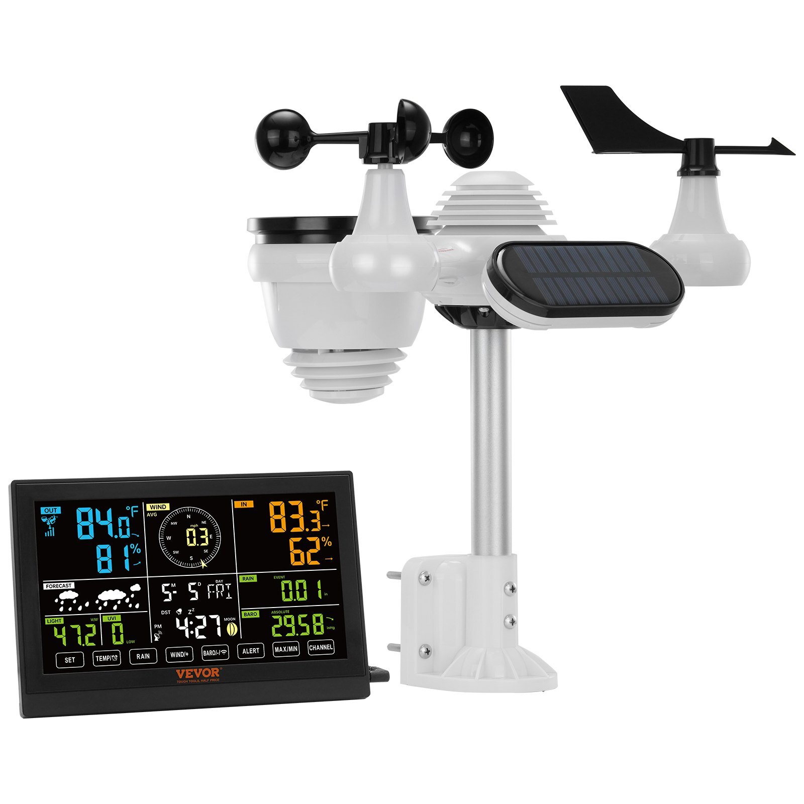 7-in-1 Wireless Weather Station, 7.5 in Color Display, Digital Weather Station Indoor Outdoor, for Temperature Humidity Wind Speed/Direction Rain UV, with Forecast Data, Alarm, Alerts-NO WIFI