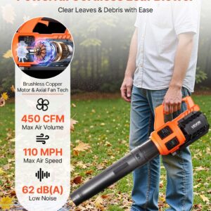 Cordless Leaf Blower, 20V Powerful Electric Leaf Blower with 2.0Ah Battery, Fast Charging & Quiet Operation, 2 Speed Control, 450 CFM/110 MPH Lightweight Powered Blowers for Leaves Lawn Care