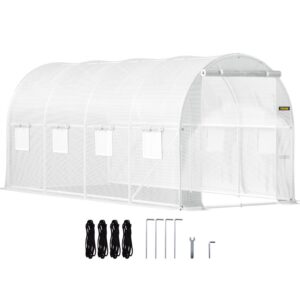 15 x 6.5 x 7 ft Walk-in Tunnel Greenhouse, Portable Plant Hot House with Galvanized Steel Hoops, 1 Top Beam, Diagonal Poles, Zippered Door & 8 Roll-up Windows, White