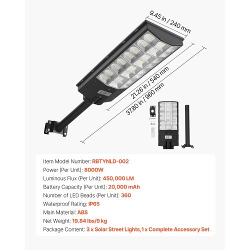 8000W Solar Street Lights Outdoor, 450000LM, Commercial Parking Lot Lights Dusk to Dawn, LED Flood Security Lamp with Motion Sensor, IP65 Waterproof Outdoor Lighting, for Driveway Yard, 3 Pack - Image 6