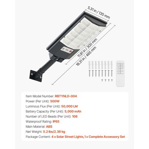 4 Pack 500W Solar Street Lights Outdoor, 50000LM, Commercial Parking Lot Lights Dusk to Dawn, LED Flood Security Lamp with Motion Sensor, IP65 Waterproof Outdoor Lighting, for Driveway Yard - Image 6