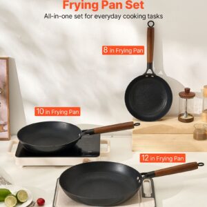Cast Iron Skillet, 3-Piece Frying Pan Set (8, 10, 12 in), Nonstick Skillets with Detachable Wood Handle, Pre-Seasoned Chef’s Pan, Kitchen Cookware for Gas, Electrical, and Induction, Black