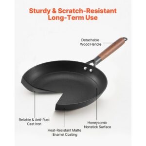 Cast Iron Skillet, 3-Piece Frying Pan Set (8, 10, 12 in), Nonstick Skillets with Detachable Wood Handle, Pre-Seasoned Chef’s Pan, Kitchen Cookware for Gas, Electrical, and Induction, Black