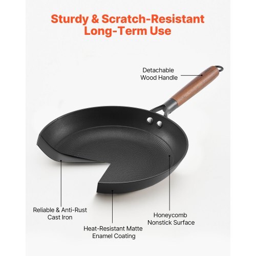 Cast Iron Skillet, 3-Piece Frying Pan Set (8, 10, 12 in), Nonstick Skillets with Detachable Wood Handle, Pre-Seasoned Chef's Pan, Kitchen Cookware for Gas, Electrical, and Induction, Black - Image 2