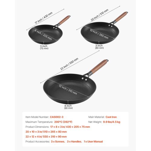 Cast Iron Skillet, 3-Piece Frying Pan Set (8, 10, 12 in), Nonstick Skillets with Detachable Wood Handle, Pre-Seasoned Chef's Pan, Kitchen Cookware for Gas, Electrical, and Induction, Black - Image 6
