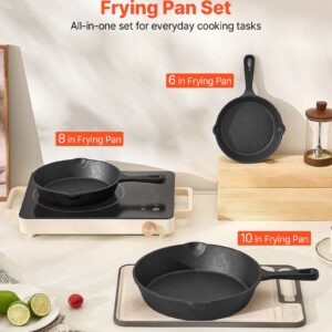 Cast Iron Skillet, 3-Piece Frying Pan Set (6, 8, 10 in), Heavy-Duty Skillets with Heat-Resistant Handle, Pre-Seasoned Chef’s Pan, Kitchen Cookware, for Oven, Gas, Electrical, Induction, Black