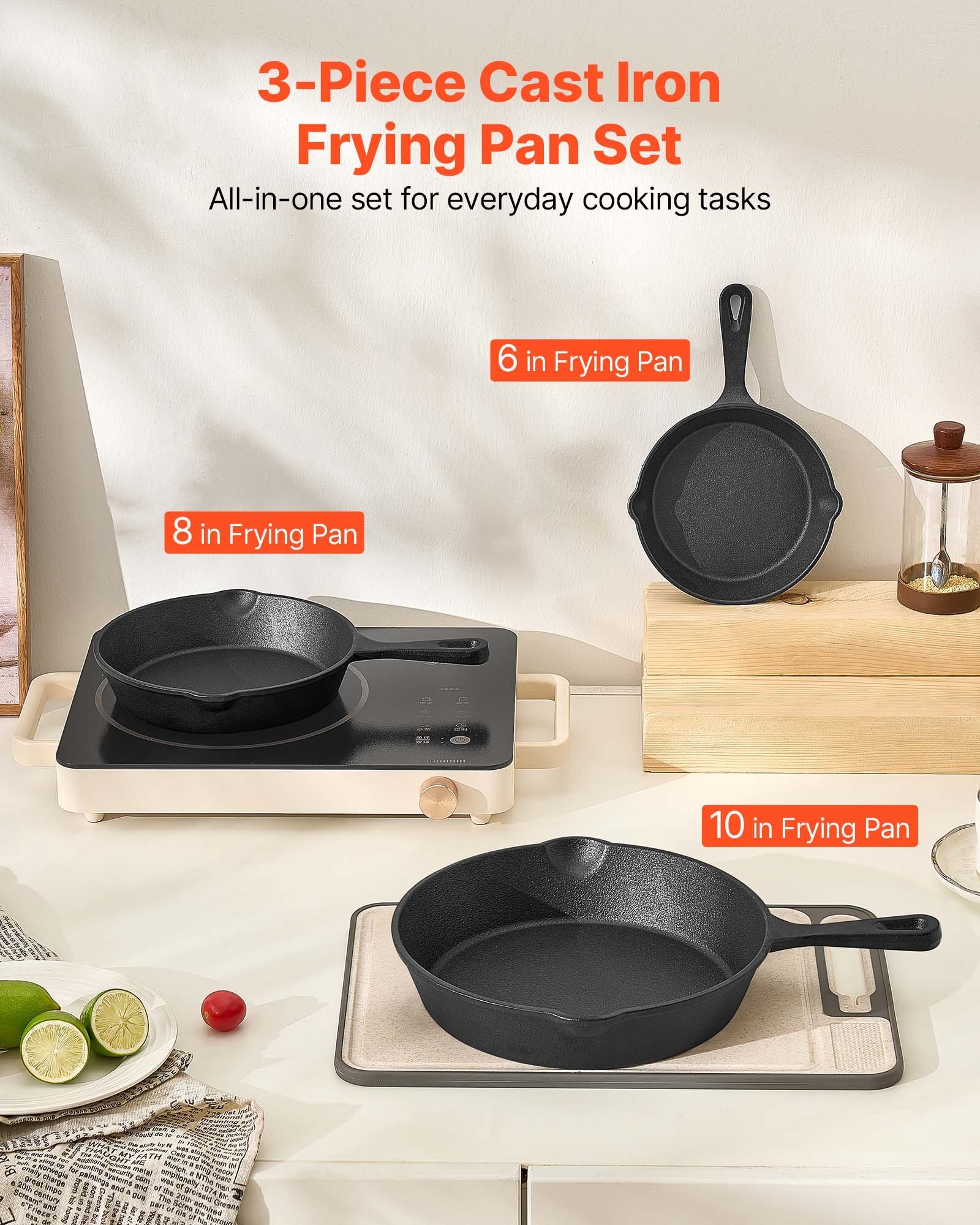 Cast Iron Skillet, 3-Piece Frying Pan Set (6, 8, 10 in), Heavy-Duty Skillets with Heat-Resistant Handle, Pre-Seasoned Chef's Pan, Kitchen Cookware, for Oven, Gas, Electrical, Induction, Black