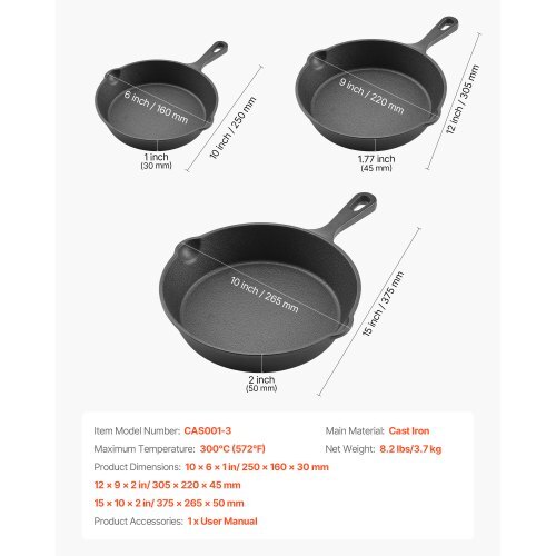 Cast Iron Skillet, 3-Piece Frying Pan Set (6, 8, 10 in), Heavy-Duty Skillets with Heat-Resistant Handle, Pre-Seasoned Chef's Pan, Kitchen Cookware, for Oven, Gas, Electrical, Induction, Black - Image 6