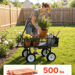Garden Cart with Seat, 500 LBS, Rolling Steel Garden Work Seat with Wheels, Heavy Duty Gardening Stool, with Tool Tray & Adjustable Handle, Outdoor Yard Wagon, for Lawn, Patio, Backyard, Black