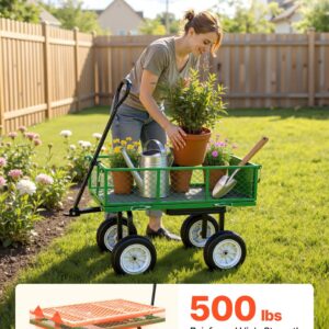 Garden Cart with Seat, 500 LBS, Rolling Steel Garden Work Seat with Wheels, Heavy Duty Gardening Stool, with Tool Tray & Adjustable Handle, Outdoor Yard Wagon, for Lawn, Patio, Backyard, Green