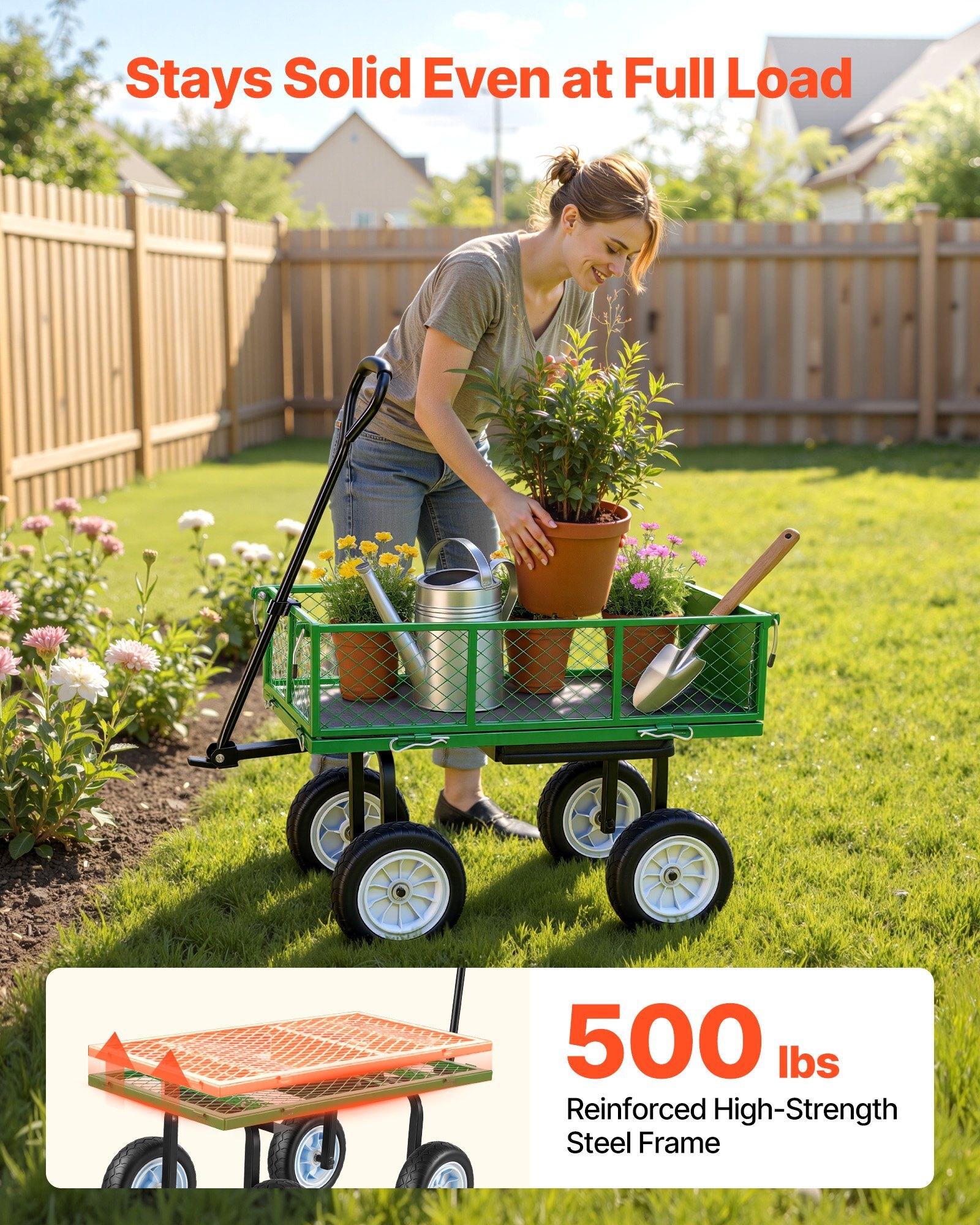 Garden Cart with Seat, 500 LBS, Rolling Steel Garden Work Seat with Wheels, Heavy Duty Gardening Stool, with Tool Tray & Adjustable Handle, Outdoor Yard Wagon, for Lawn, Patio, Backyard, Green
