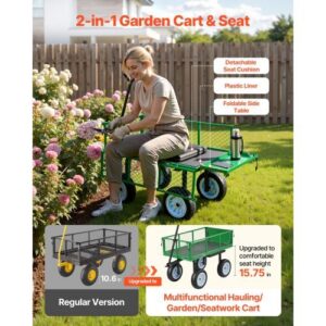 Garden Cart with Seat, 500 LBS, Rolling Steel Garden Work Seat with Wheels, Heavy Duty Gardening Stool, with Tool Tray & Adjustable Handle, Outdoor Yard Wagon, for Lawn, Patio, Backyard, Green