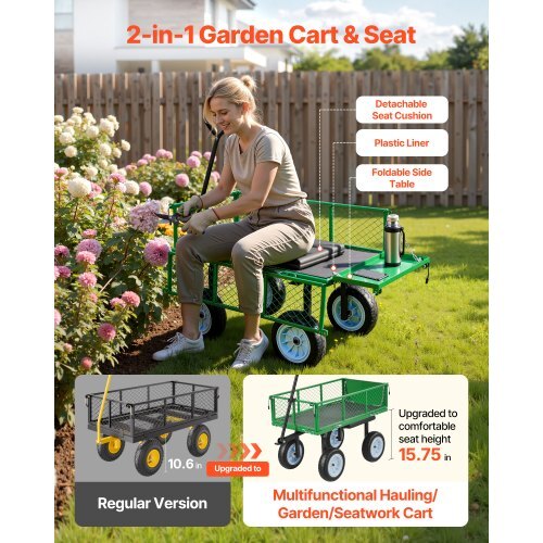 Garden Cart with Seat, 500 LBS, Rolling Steel Garden Work Seat with Wheels, Heavy Duty Gardening Stool, with Tool Tray & Adjustable Handle, Outdoor Yard Wagon, for Lawn, Patio, Backyard, Green - Image 2