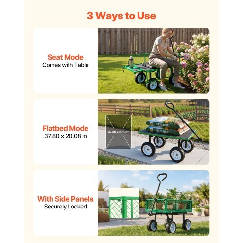 Garden Cart with Seat, 500 LBS, Rolling Steel Garden Work Seat with Wheels, Heavy Duty Gardening Stool, with Tool Tray & Adjustable Handle, Outdoor Yard Wagon, for Lawn, Patio, Backyard, Green - Image 4