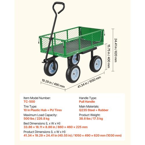 Garden Cart with Seat, 500 LBS, Rolling Steel Garden Work Seat with Wheels, Heavy Duty Gardening Stool, with Tool Tray & Adjustable Handle, Outdoor Yard Wagon, for Lawn, Patio, Backyard, Green - Image 6