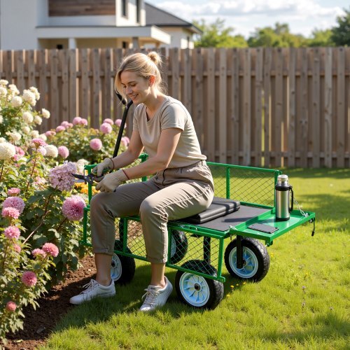 Garden Cart with Seat, 500 LBS, Rolling Steel Garden Work Seat with Wheels, Heavy Duty Gardening Stool, with Tool Tray & Adjustable Handle, Outdoor Yard Wagon, for Lawn, Patio, Backyard, Green - Image 7