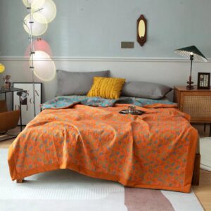 Color: Ginkgo Leaf Blue Orange, Size Specification: 150?—240-three pieces suit, Specifications: – Pure Cotton Light Luxury Three-layer Gauze Jacquard Cover Blanket